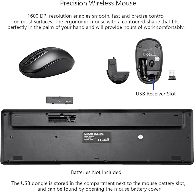 Wireless Keyboard and Mouse Combo, 2.4G Silent Cordless Keyboard Mouse Combo for Windows Chrome Laptop Computer PC Desktop, 106 Keys Full Size with Number Pad, 1600 DPI Optical Mouse (Black)