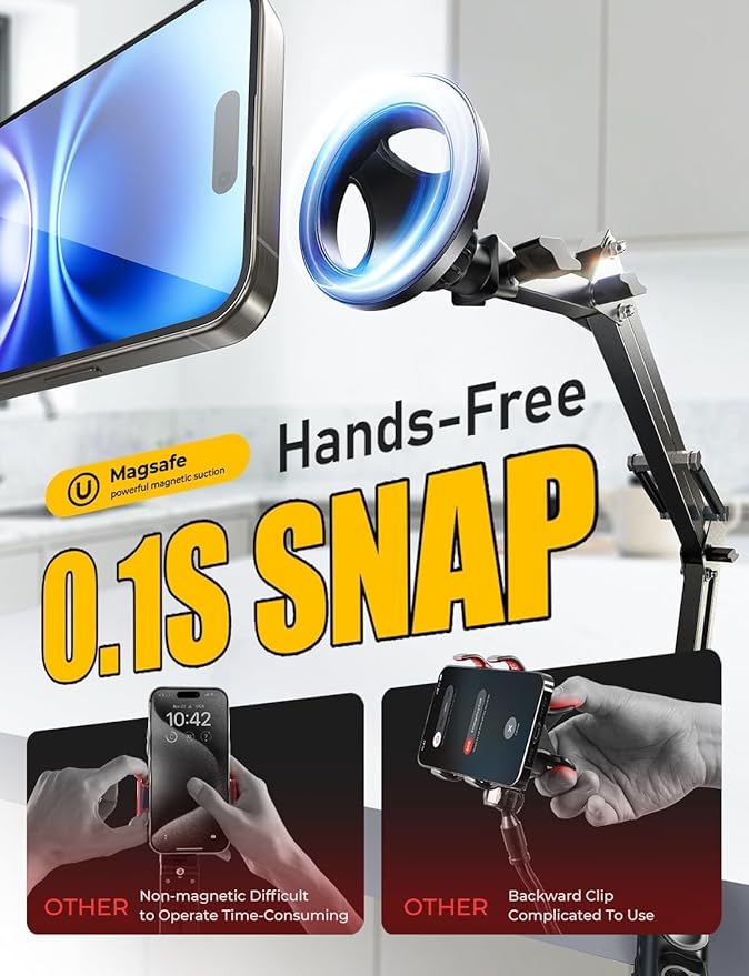 LISEN Gooseneck Phone Holder for Bed Magsafe Phone Stand for iPhone 16 15 Stand Holder for Desk Adjustable for Magsafe Accessories Recording for iPhone Mount for Filming Camera Laying Down