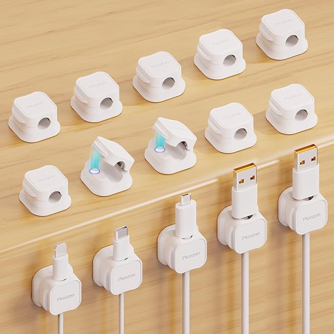 15 Pack Magnetic Cable Clip Organizer Cord Holder, Picozon Adhesive Cable Management, Wire Phone USB Charger Cable Holder, Keeper Organizer for Office Home Desktop Table - White