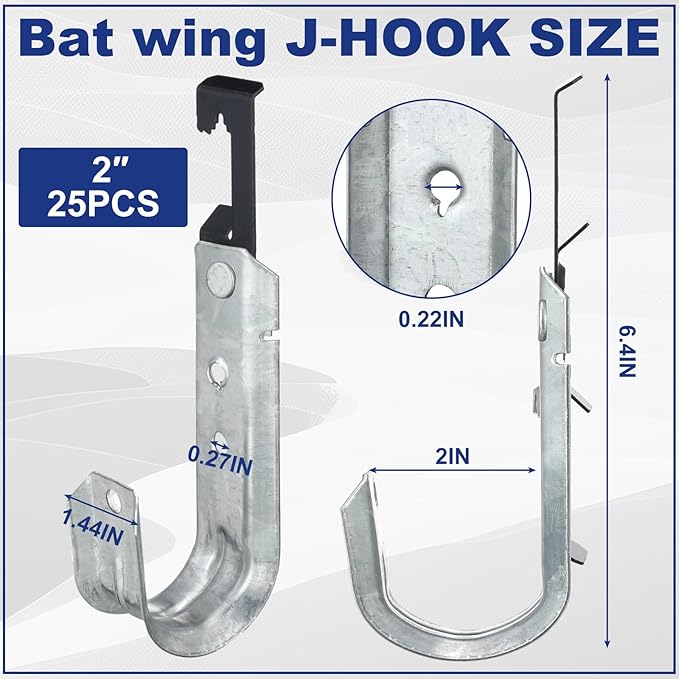 Zonon 25 Pcs J Hooks for Hanging Metal J Hook Hangers Cable Support with Bat Wing Heavy Duty G60 Galvanized Steel Cable Hooks for Attaching Ceiling Wire Threaded Rod, Ul Certification(2 Inch)