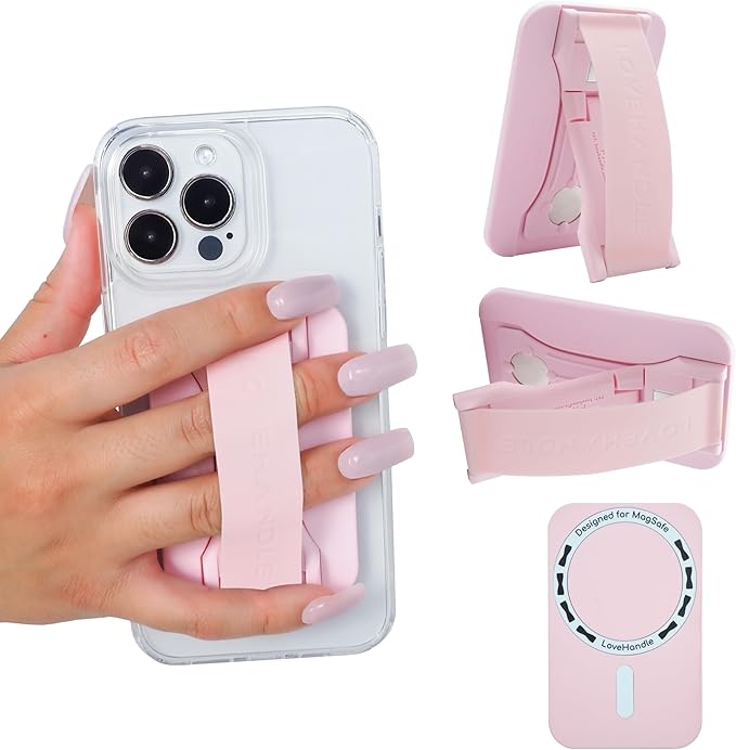 LoveHandle PRO MagSafe Compatible Magnetic Phone Grip w/Kickstand - Mount, Strap and Stand for Smartphone and Tablet - MagSafe Ring Included - Fits All Devices - Light Pink