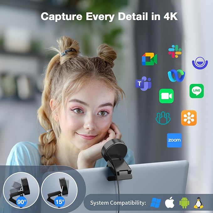 EMEET C950 4K Webcam for PC - 8 Megapixels 4K UHD, PDAF Autofocus, Noise-Canceling Mic, 70° FOV, 1080P@60FPS, Privacy Cover, USB 2.0 Plug&Play, No Tripod Hole, Ideal Webcam for Zoom/Teams/Google Meet