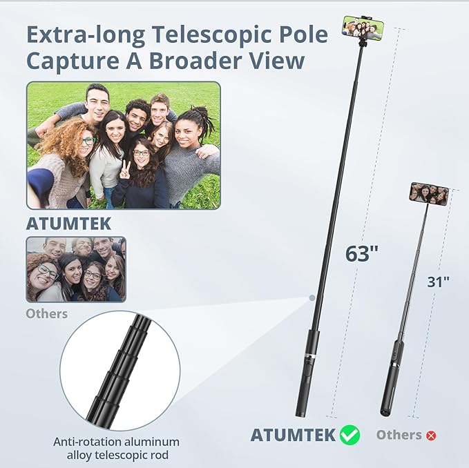 ATUMTEK 63"" Phone Tripod, Extendable Selfie Stick Tripod with Bluetooth Remote, All-in-One Aluminum Phone Tripod Stand with Cold Shoe Mount for 4”-7” iPhone and Android Smartphones Black, ATSS175
