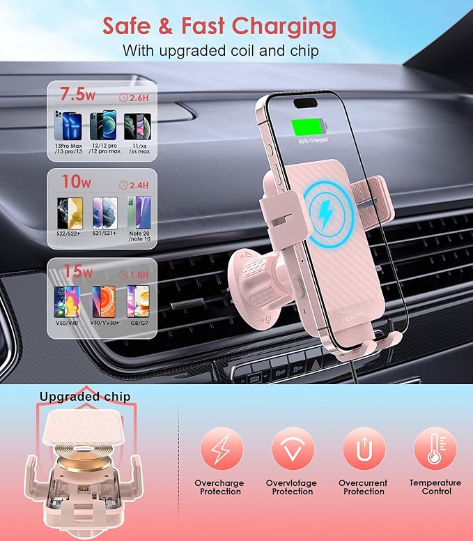 Wireless Car Charger, MOKPR 15W Fast Charging Auto-Clamping Car Charger Phone Mount Air Vent Cell Phone Holder Compatible iPhone 16/15/14/13/13 Pro/12 pro/12/11, for Samsung Galaxy S23/S22/S21, Pink