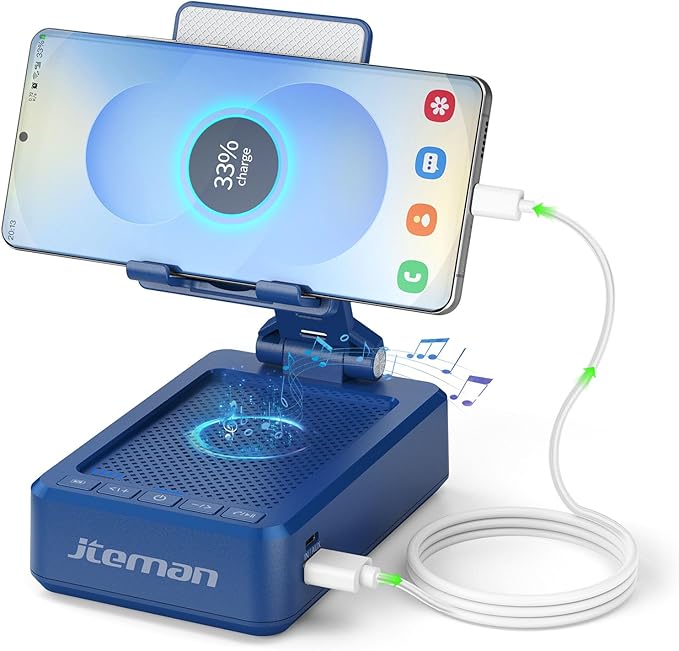JTEMAN Cell Phone Stand with Bluetooth Speaker and Charging Function,Bluetooth Audio Power Bank Bracket,Birthday Gifts for Men Women,Kitchen Gadgets for Most Phones and Tablets-Blue