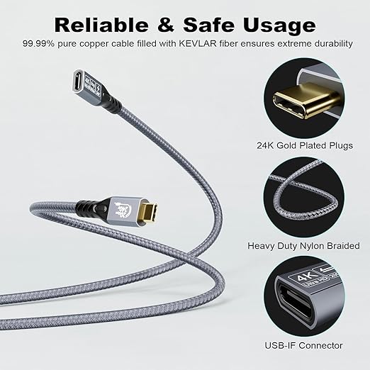 20Gbps USB C 3.2 Extension Cable, USBC 3.2 Gen2 Type-c Male to Female Extender Cable Ultra HD 4K@60Hz 240W Charging 20Gbps Data Transfer Compatible with External SSD eGPU