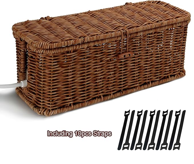 Cable Management Box, Desk Handwoven Rattan Cord Hider Organizer Box With Lid Button Lock, Power Strip Holder Decorative Box, Floor Cord Surge Protector Storage Box