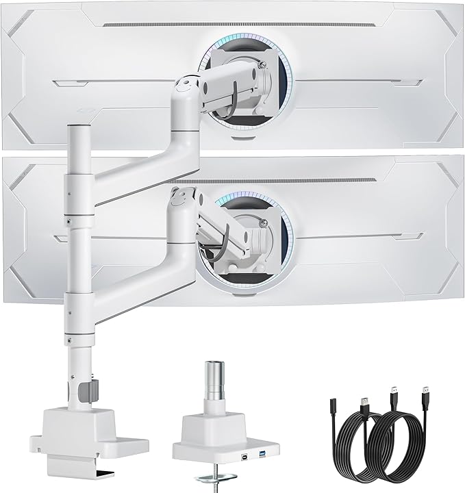 monTEK 17-57 Inch Dual Ultrawide Monitor Arm for Up to 59.4lbs Screen, Aluminum Heavy-Duty Gas Spring Vertical Stackable Curved Screen Adjustable Monitor Stand,75/100mm Vesa Mount, White