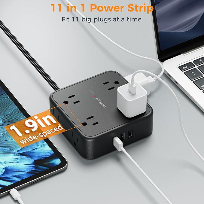 Power Strip Surge Protector 10 Ft Cord, TESSAN 8 AC Outlets 3 USB Charger (1 USB C Port), Thin Flat Extension Cord 10 Feet, Flat Plug, 900 Joules Protection, for Home, Office, Dorm Room Essentials