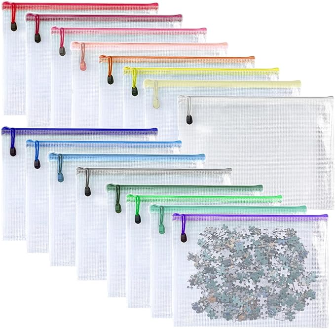 Oaimyy-16Pcs,4" x 6"-Plastic Mesh Zipper Pouch Document Folders Bag Zipper Zip File Folders for Puzzles Games,Board Game Organization,Organizing Classroom Office Storage-Multicolor