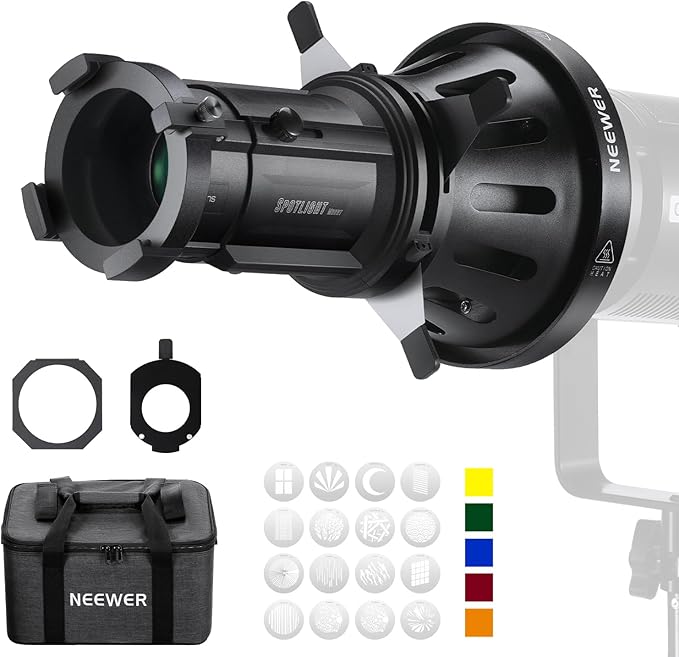 NEEWER Spotlight Snoot with 40° Projection Lens, Adjustable Focus, 16 Metal Gobos 5 Color Gels, Bag, Conical Snoot for Bowens Mount LED Continuous Output Lighting Studio Video Light Up to 300W, LS-38