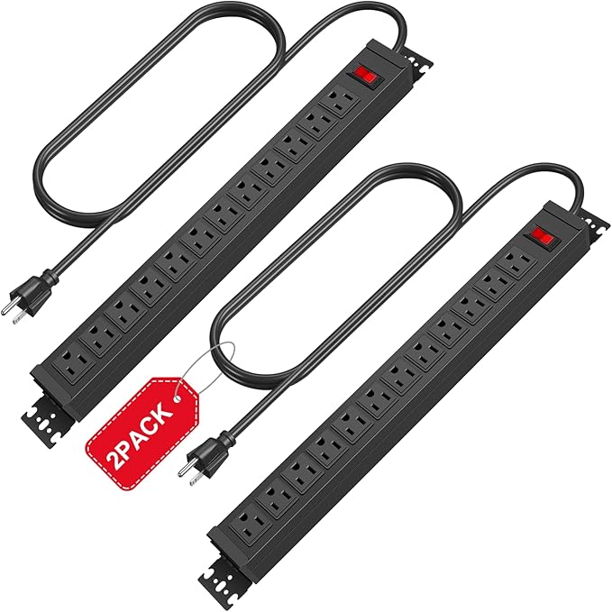 2Pack Rotating Mountable Power Strip, 12 Outlet Wall Mount Surge Protector, Metal Heavy Duty and Versatile Outlet Strip, Stylish Appearance, Sturdy and Durable, 6ft Power Cord.(Black)