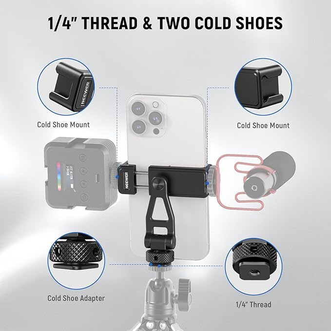 NEEWER Adjustable Phone Tripod Mount with Cold Shoe 1/4" Thread 180° Tilt 360° Rotation Cleaning Cloth Phone Clamp Holder Compatible with iPhone Samsung Android Camera Cage for Video Recording, GA010