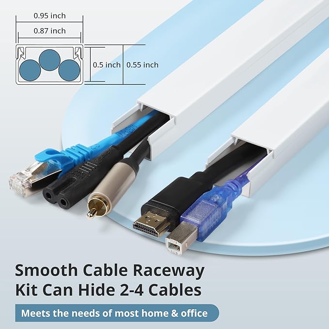 Cord Covers for Wires on Wall Extra-Long, 26.25ft TV Cord Hider Kit, Paintable Cable Management Concealer, White Cord Raceway Channel, 8 x L39in x W0.95in x H0.55in