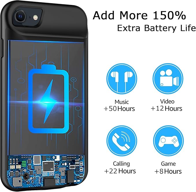Battery Case for iPhone 8/7/6s/6/SE 3/SE 2, Upgraded 10000mAh Portable Battery Pack Charger Case Support Carplay Compatible with iPhone SE 3/SE 2/8/7/6s/6 (4.7 inch) External Charging Case (Black)