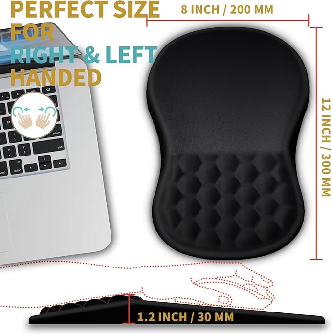 Hokafenle Ergonomic Mouse Pad Wrist Support with Massage Design, Wrist Rest Pain Relief Mousepad with Memory Foam&Non-Slip PU Base, Mouse Pads for Wireless Mouse & Desk (12x8 inch,Black)