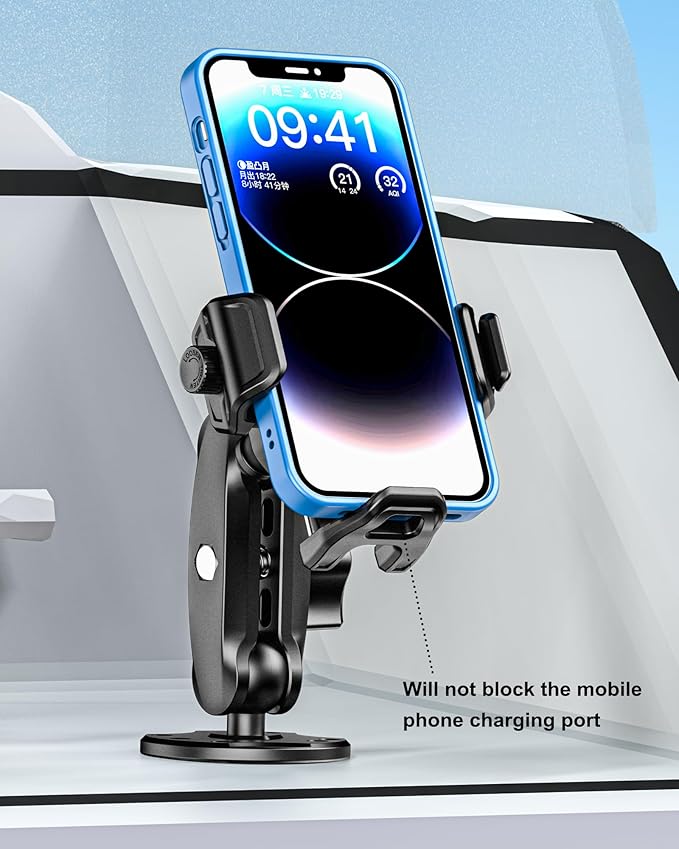 BRCOVAN Anti-Theft Phone Mount Holder with Vibration Dampener [Camera Friendly] [1s Lock & Release] with Aluminum Round Base & Medium Arm, for Car Boat Truck Motorcycle UTV, Fit 5.4-7.2'' Smartphones