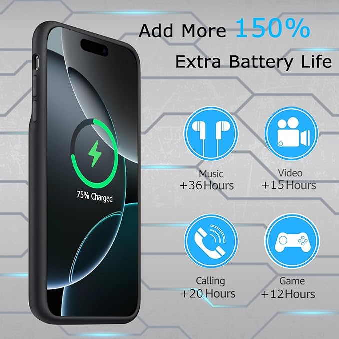 Battery Case iPhone 16 Pro, Upgraded 10000mAh Rechargeable Portable Extended Battery Pack Supported Qi Wireless Charging Case Compatible with iPhone 16 Pro (6.3 inch) Charger Power Bank (Black)