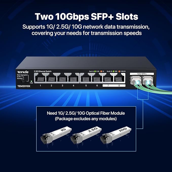 Tenda TEM2010X 8 Port 2.5G Ethernet Switch, Unmanaged 2.5Gb Switch with 8 x 2.5G Ports & 2 x 10Gb SFP+ Slots, Support VLAN & Static Link Aggregation, 80Gbps Switching Capacity, Fanless Metal Design
