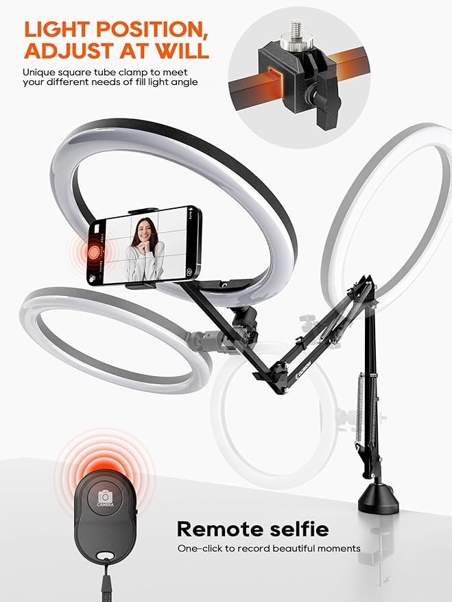 Upgrade Ring Light Overhead Phone Mount, 12”Circle LED Desk Ring Light with Clamp for Video Recording,Flexible Articulating Phone Arm Stand Compatible with iPhone,Live Streaming YouTube Tiktok