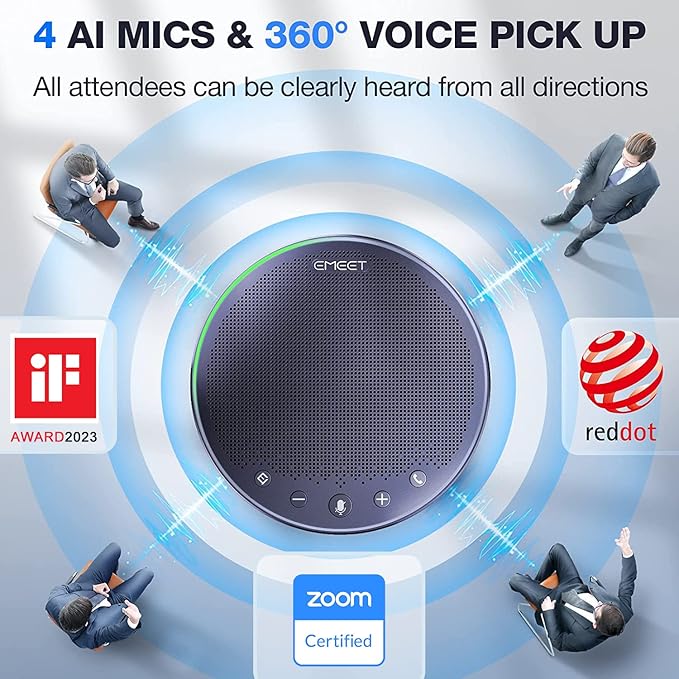 EMEET Bluetooth Speakerphone M3, Zoom Certified 4 AI Mics 360°Voice Pickup 18H Talk Time Conference Speaker and Microphone, USB/Bluetooth Conference Speaker w/Daisy Chain for 20 People for Zoom Teams