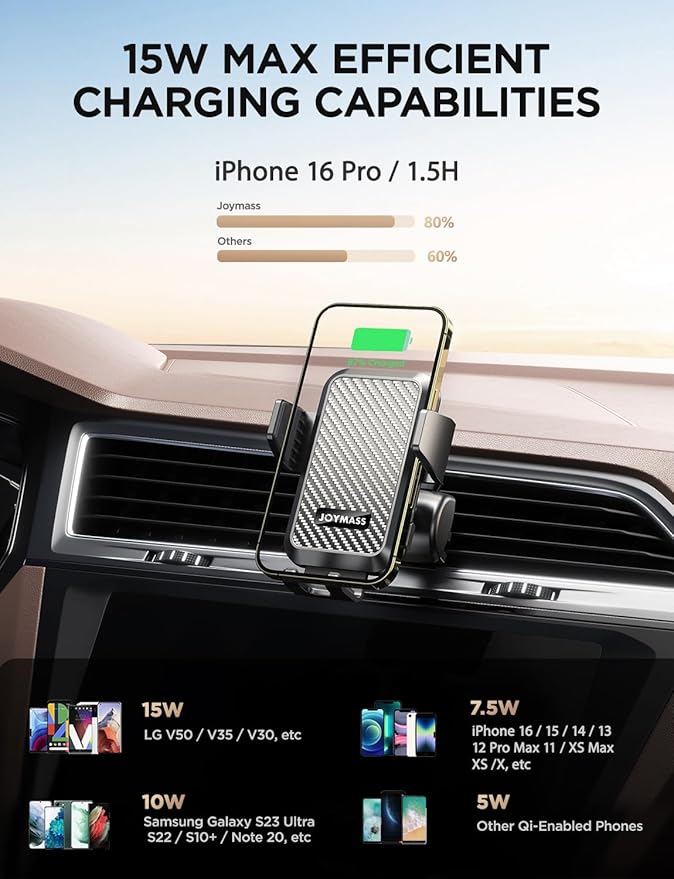 Wireless Car Charger, Phone Holders for Your Car, 15W Auto Clamping Phone Mount Car Accessories for iPhone 16 15 14 13 12 Mini Pro Max 11 XR XS, Samsung Galaxy S24 Ultra S23 S22+ Note 20, etc