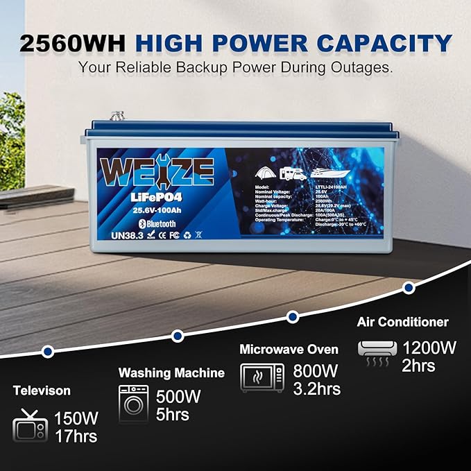 WEIZE 24V 100AH Bluetooth LiFePO4 Lithium Battery, Grade A Cells, 150A BMS, Low-Temp Protection Deep Cycle 500A/3S Peak Discharge Battery for Trolling Motor, Solar System, RV, Camping, Off Grid