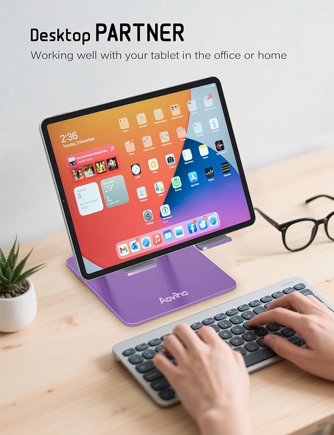 Tablet Stand Holder for Desk, Adjustable Desktop Tablet Holder, Foldable Aluminum Tablet Mount for iPad pro 12.9, iPad Air Mini, Samsung Galaxy Tabs Z Fold Kindle Fire 4-12 inch Purple