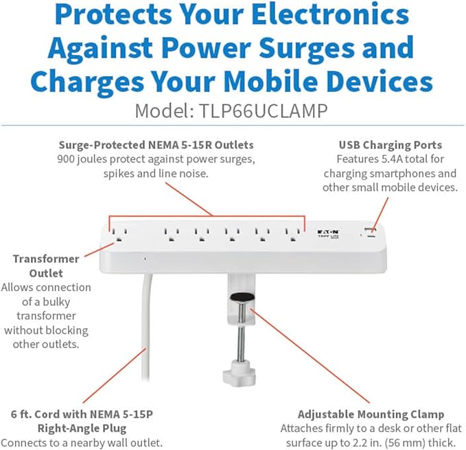 Eaton Tripp Lite Series Desk Clamp Power Strip Surge Protector, 6-Outlets, USB-A & USB-C Charging Ports, 900 Joules, 6ft Flat Extension Cord, Lifetime Manufacturer's Warranty (TLP66UCLAMP)