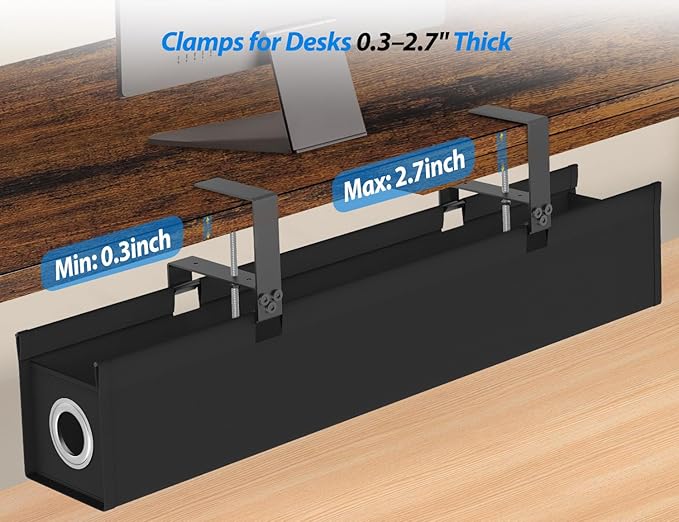 Under Desk Cable Management Tray No Drill, 30 Inch Cord Organizer with Oxford Fabric, Clamp Mount, Holds 60 lbs, Large Cable Rack for Gaming & Home Office Standing Desk