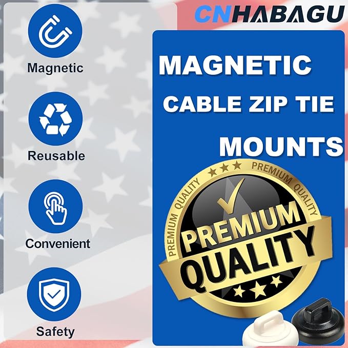 Magnetic Cable Zip Tie Mounts Clips Multipurpose Zip Ties Mount Base Holder Wire Cable Holder Mount Wire Clips Management for Home Office Marine Electrical Wiring (White, 20 Piece)