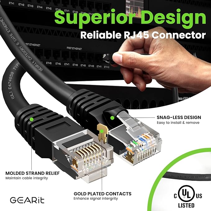 GEARit Cat 6 Ethernet Cable Pack Ð 1-Pack 150 ft Cat6 Ethernet Patch Cables | RJ45 Network Patch Cable, 10 Gbps Snagless Gold-Plated Connectors Ð Ethernet Cable Cat 6 for PC, TV, Router Ð Black