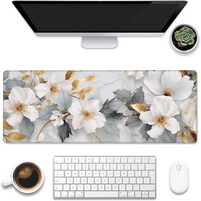 Desk Mat,White Gold Marble Desk Pad,White Flowers Golden Leaves Large Gaming Mouse Pad for Desk,Extended Big Computer Keyboard Mouse Pad with Non-Slip Base and Stitched Edge,31.5"x11.8"