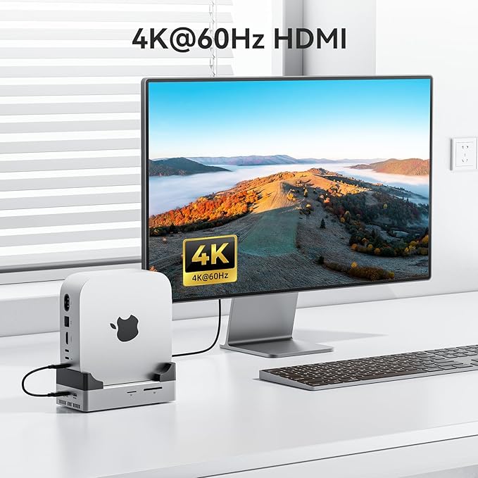 ANYOYO Mac mini M4 Dock and Stand, 10-in-1 Aluminum USB-C Hub with M.2 NVMe SSD Enclosure, 4K 60Hz Dual HDMI, 10 Gbps USB-C/A, 30W PD-in, Smart Fan Cooling, Wi-Fi Signal Friendly Design, Silver