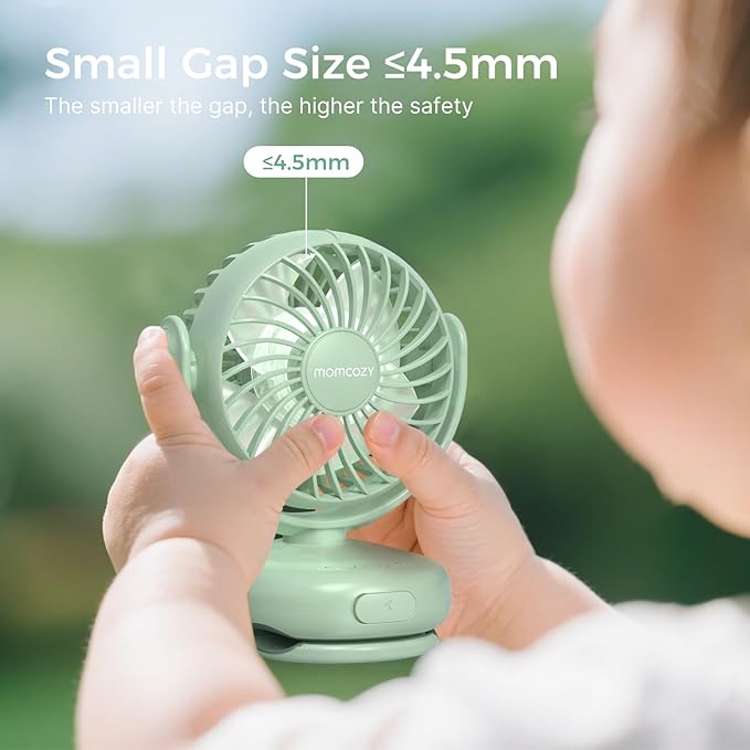 Momcozy Portable Fan with Clip | 4-Speed Mini-Fan for Carrier | Personal Fans Ultra Lighter 0.26lb | Gaps ≤4.5mm | Handheld Cooling | Rechargeable Rotate for Diaper Backpack/Stroller/Carrier/Chair
