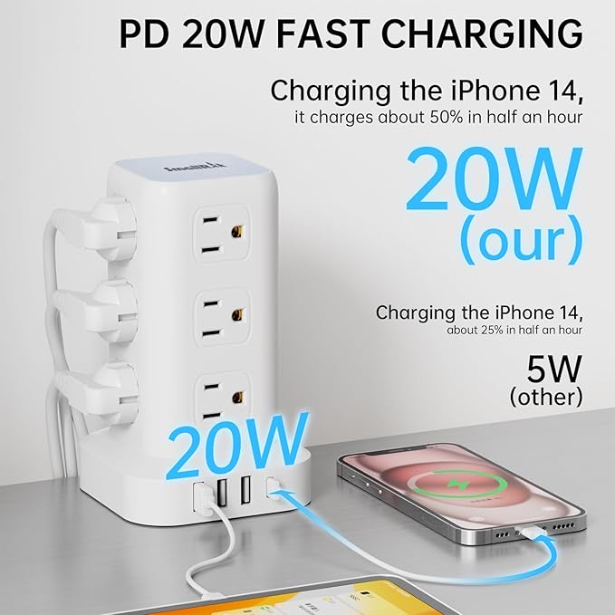 PD20W Power Strip Tower Surge Protector,16.5FT Extension Cord,Power Strip with USB 12 Outlets with 4 USB Ports (1 USB C), Flat Plug Multi Plug Outlet Extender Overload Protection for Home Office