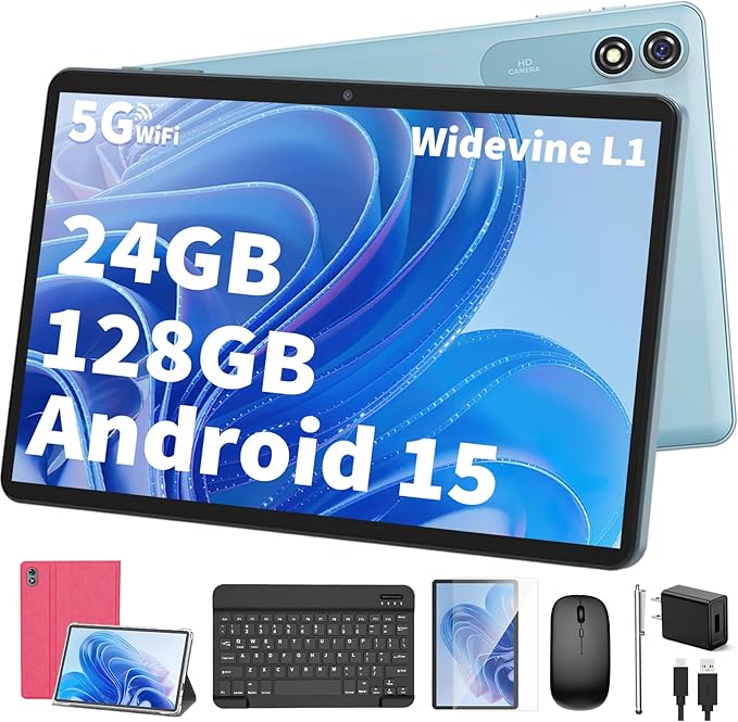 Android Tablet with Keyboard,10 inch Android 15 tablet, 24GB RAM 128GB ROM, 1TB Expand, Octa-Core, Widevine L1, 2.4G/5G WiFi, 8000mAh, Bluetooth, GMS, 2 in 1 Tablet with Case, Mouse, Stylus（Pink)