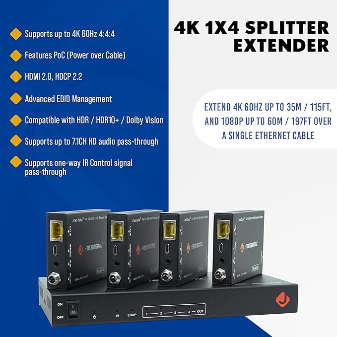 J-Tech Digital HDMI 2.0 4K 1x4 Splitter Extender Over Single Cable CAT6 with PoC Up to 196 FT 1-in 4-Out w/Local Loop Output & Low Latency [JTECH-14EX50]