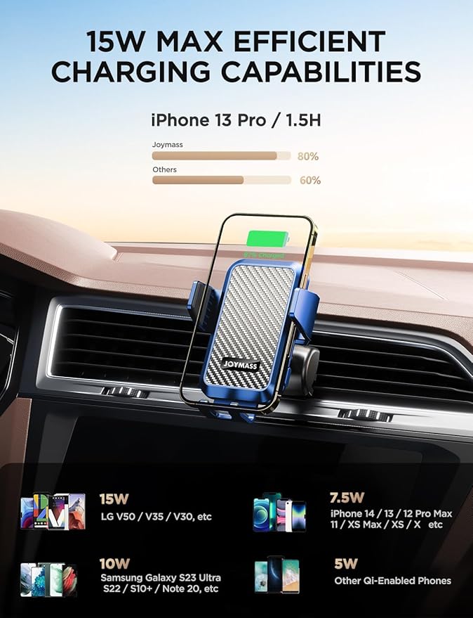 Wireless Car Charger, Phone Holders for Your Car, 15W Auto Clamping Phone Mount Car Accessories for iPhone 16 15 14 13 12 Mini Pro Max 11, Samsung Galaxy S24 Ultra S23 S22+ Note 20, etc - Blue