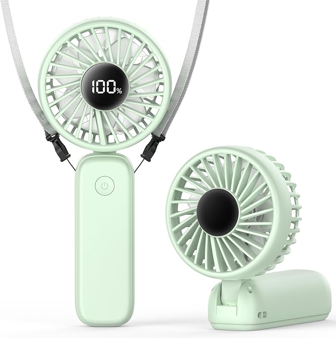 PANERGY Portable Handheld Fan, 5000mAh Rechargeable, 14H Max Cooling Time, 4 Gear Wind & LED Display, 90° Foldable Design, 3-IN-1 Mini Fan for Travel Working Concerts Makeup - Green
