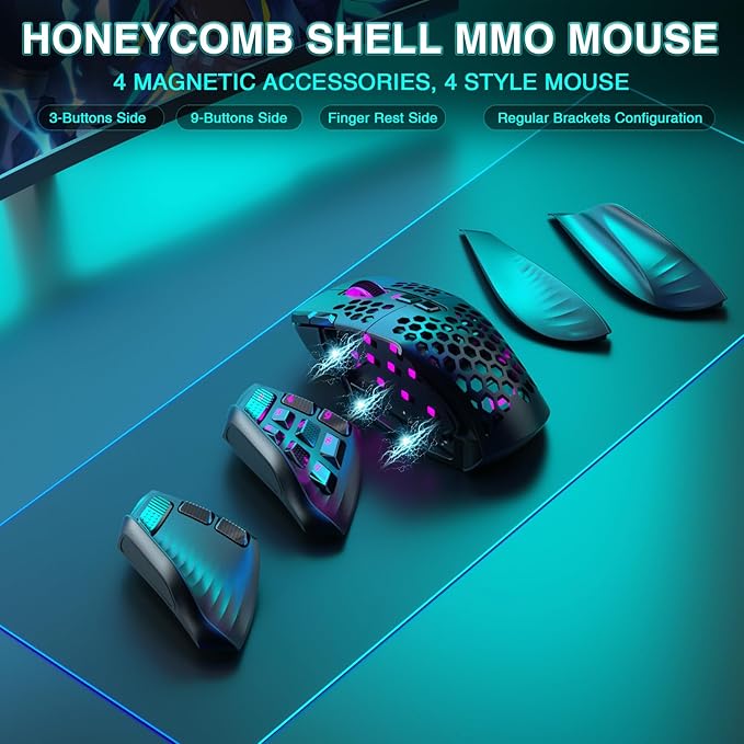 SM809 Pro Wireless MMO Gaming Mouse with 9 Side Buttons,24000 DPI,Triple Connectivity (2.4G/BT5.0/Wired) RGB MMO Mouse for Gamer,16 Programmable Macros,Up to 350H Battery Life,Black