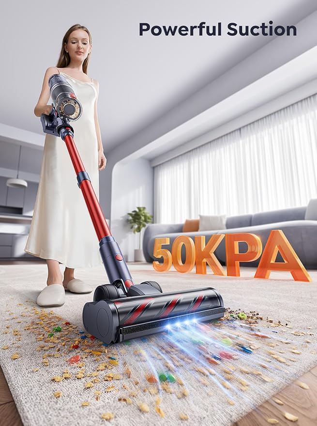 Cordless Vacuum Cleaner, 600W 50Kpa 65Mins Vacuum Cleaners for Home, Stick Vacuum with Self-Standing, Touch Screen, Vacuum Cleaner with Charging Station for Hard Floor Carpet Car Pet