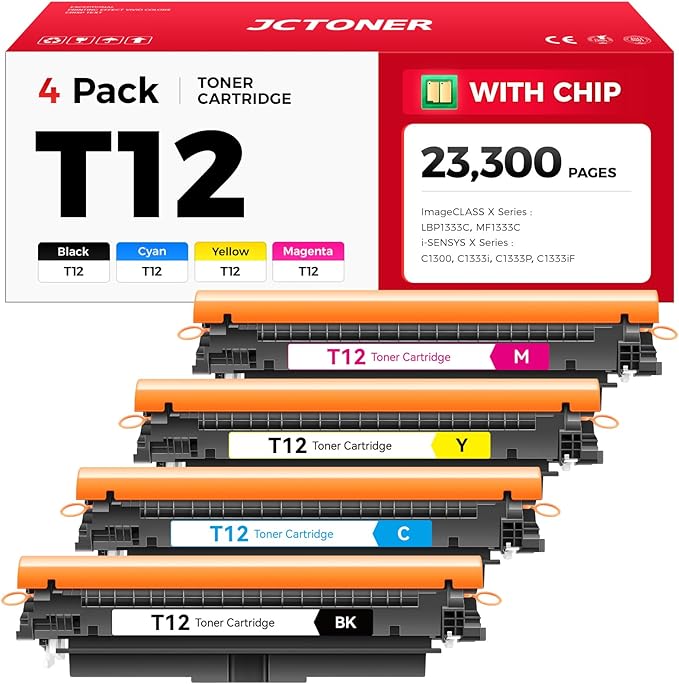 T12 T12L Toner Cartridge Set 4-Pack with chip High Yield Replacement for Canon T12 T12BK T12C T12Y T12M Compatible with Canon ImageCLASS LBP1333C MF1333C i-SENSYS X C1300 C1333i C1333P C1333iF Printer