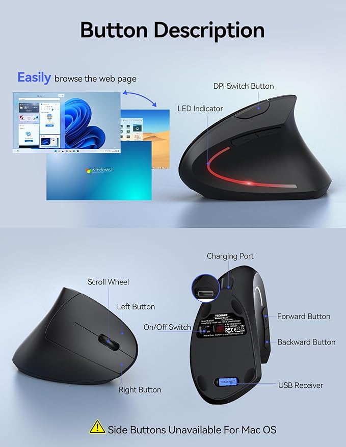 TECKNET Ergonomic Mouse Wireless, Rechargeable Mouse Wireless Silent for Carpal Tunnel Right Hand, 2.4GHz USB Vertical Mouse Wireless for Laptop, 5 Adjustable 4800 DPI, Computer, MacBook, Desktop