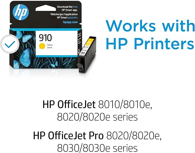 HP 910 Yellow Ink Cartridge | Works with HP OfficeJet 8010, 8020 Series, HP OfficeJet Pro 8020, 8030 Series | Eligible for Instant Ink | 3YL60AN