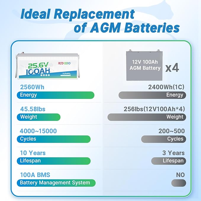 Redodo 24V 100Ah LiFePO4 Lithium Battery, 2560W Power, 100A BMS, Up to 15000 Deep Cycles Perfect for Solar Off-Grid System, Marine, Trolling Motor, Backup Power, 2 Pack