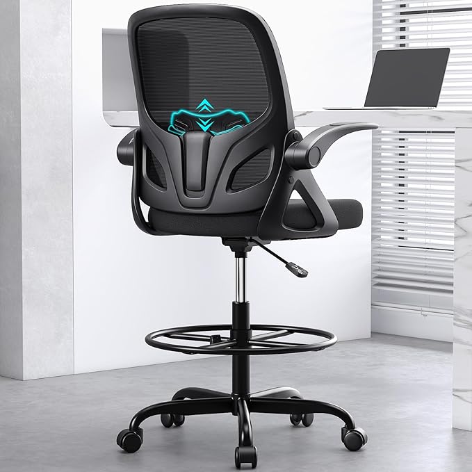 Tall Drafting Chair with Footrest Ring for Home and Work, Ergonomic Home Desk Office Chair with Flip up Arms and Lumbar Support, Extended Height Executive Desk Office(Black)