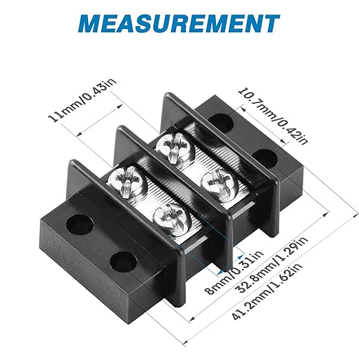 GLOSO Terminal Blocks Double Row Stainless 11 mm Pitch TBC, Marine Grade, 12-22 AWG Cu, 25A/300V - 1 Pack, 2 Poles