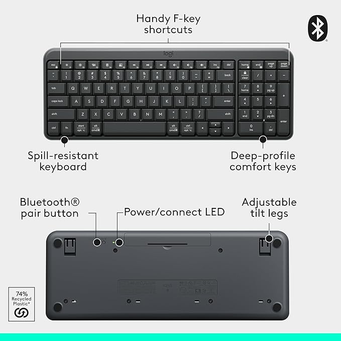 Logitech K250 Bluetooth Keyboard with Numpad, Easy Connectivity, Compact Wireless Keyboard Made with Recycled Plastic, Spill-Resistant, Comfortable Keys - Windows/MacOS - Graphite