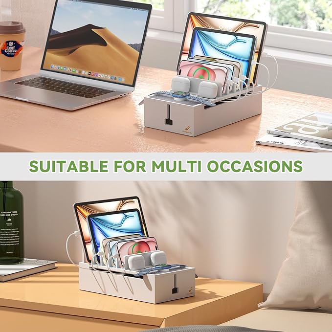 Pezin & Hulin Multi Charger Station Organizer Rack, Bamboo Cable Management Box, Power Strips and Cord Hider, Nightstand Device Organizer (Include 6 Cables)(No Power Charging Supply) -White